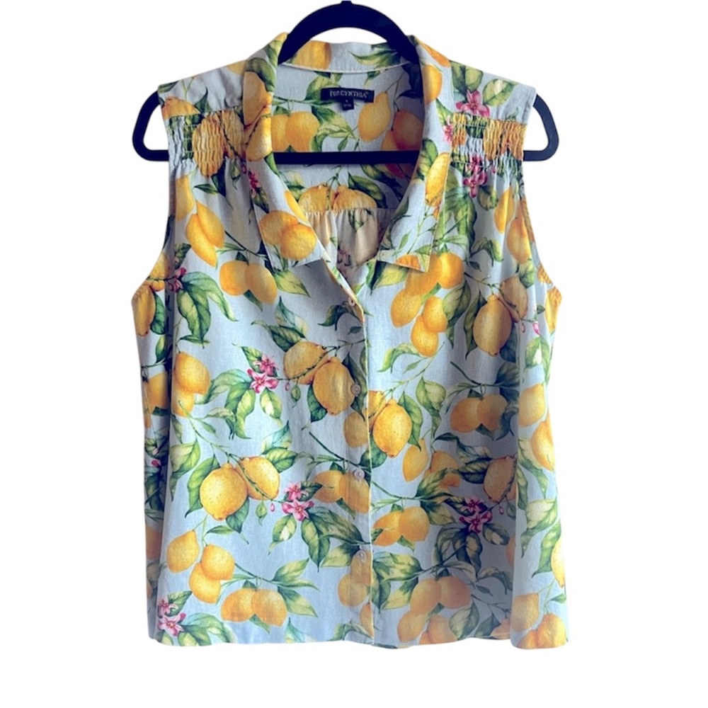 For Cynthia Lemon/Floral Beachwear Linen Summer Blend Top Preppy Vacation L